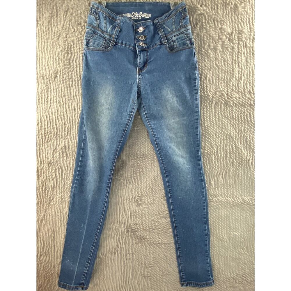 D&B Deep Blue Women's Jeans 26x29 Mid Rise Skinny Rhinestones Bling Blue